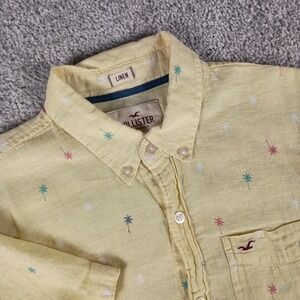 Hollister Large Yellow Linen Colorful Palm Trees Mens Button Down Shirt